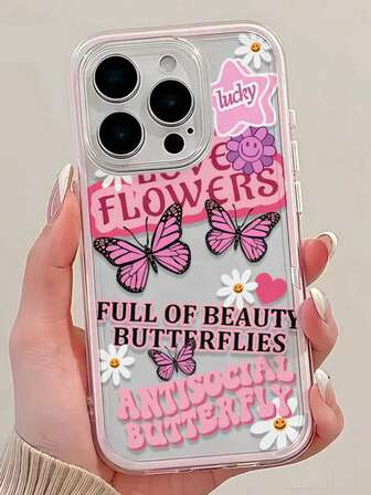 1个时尚向日葵、蝴蝶、笑脸图案个性化粉色边框全包覆式TPU手机壳，兼容 11/12/13/14/15/16/17 Pro Max