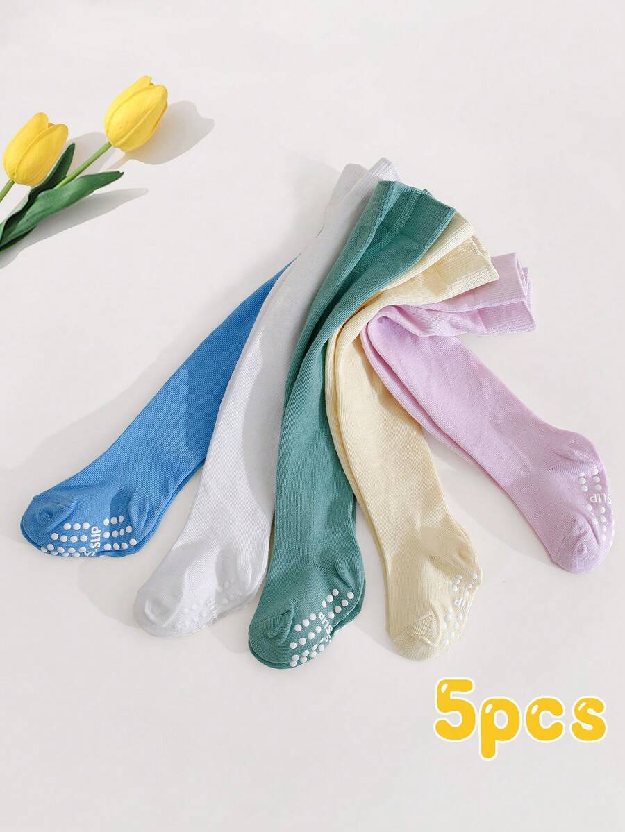 5pcs/Pack Baby Girls' Solid Color Non-Slip Tights, Toddler Daily Versatile Leggings, Suitable For Outdoor Activities - Multicolor - View 1