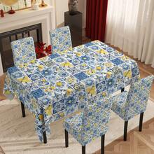 4/6/5/7 Piezas Juego de Mantel y Fundas de Silla con Estampado, 4 Piezas (4 Fundas de Silla), 6 Piezas (6 Fundas de Silla), 5 Piezas (1 Mantel + 4 Fundas de Silla), 7 Piezas (1 Mantel + 6 Fundas de Silla), Adecuado para Interiores/Exteriores, Reuniones en el Hogar, Decoración de Mesa y Silla para Fiestas, Reutilizable - Multicolor - Ver 16