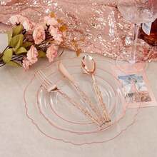150PCS Clear Silver Plastic Plates & Disposable Silver Plastic Silverware With Glitter Bamboo Handle Cutlery-Baroque Clear Disposable Plates For Wedding & Easter Day & Mother's Day-TrugenixYSN1B - 玫瑰金 - 查看 3