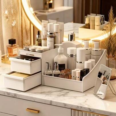 Multifunktionale Schubladenbox mit großer Kapazität für Make-up-Organizer - vielseitige Aufbewahrungslösung, geeignet für Schminktisch oder Badezimmer - perfekt zum Aufbewahren von Hautpflege, Parfüms und Nagelpflege - aus Kunststoff, ohne Strombedarf, inklusive Pinselhalter, tragbare Aufbewahrungsbox für Kosmetik, Lippenstifte, Pinsel und Zubehör, Make-up-Zimmer-Dekoration, Make-up-Tasche, Reiseessentiell