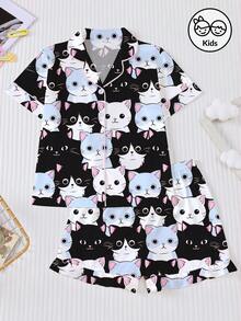 2pcs Cartoon Cat Print Tween Girl Pajama Set, Cute & Comfortable Children Sleepwear Outfit, Flame Retardant Collared Shirt & Elastic Waist Shorts, Suitable For Loungewear, Party, Holiday - Multicolor - View 9