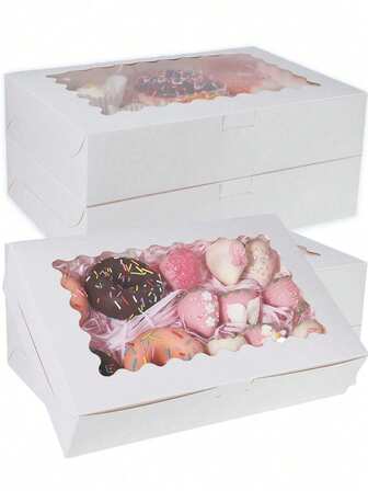 10 piezas/1 pieza Caja de pan con ventana, 12 X 8 X 2.5 pulgadas, Caja grande blanca para galletas, Caja de caramelos con autopopup, Adecuada para tartas, pasteles, magdalenas, donas y pasteles, Fiesta, Vacaciones, Boda, Cumpleaños