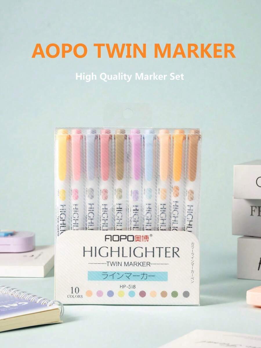 AOPO 10/15色荧光笔套装，软水性双头马克笔，适用于绘画、日记、学生及办公用品