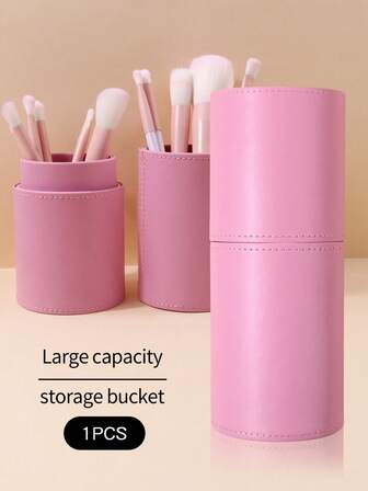 1 pieza Soporte redondo rosa para pinceles de maquillaje, de material de PU fácil de almacenar y limpiar, organizador de maquillaje portátil multifuncional