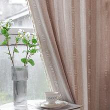 Boho Curtains 84 Inches Long Bedroom, Taupe Cotton Linen White Stripes Embroidery, Chic Hollow Geometric, Semi Blackout Window Vintage Drape With Tassels, 1 Panel W52 X L84, Fashionable Home Decor - Black - View 2
