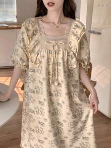 Women's Sleepwear Dress, Solid Color Square Neck Nightgown With Bow Decor, Contrast Color Cute Cartoon Casual Sleepwear Dress, Suitable For Spring And Summer Home Leisure - Apricot - View 3