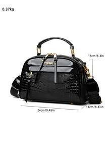 Women's Solid Color PU Adjustable Shoulder Strap Shoulder Diagonal Crossbody Bag, Crocodile Embossed Fashion Large Capacity Handbag - Black - View 3