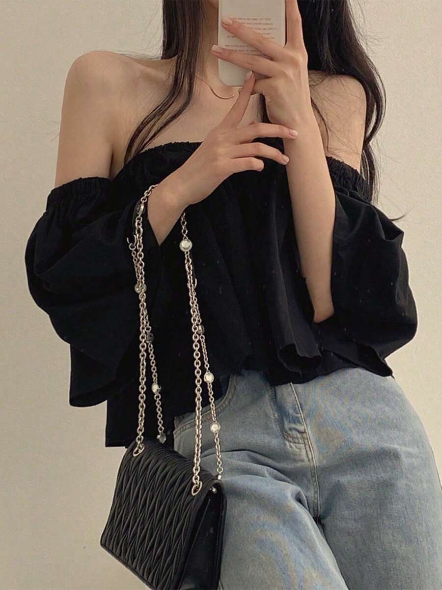 小众露肩喇叭袖短款女式上衣 黑色夏季 - 黑色 - 查看 1
