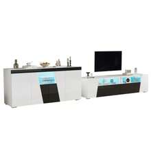 Komoda RTV z szafką nocną, 180 x 38,5 x 45 cm, szafka RTV z połyskiem, szafka RTV z oświetleniem LED, niska szafka nocna, 140 x 40 x 65 cm, szafka do salonu, czarno-biała - Biały - Zobacz 5