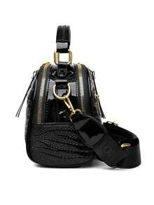 Women's Solid Color PU Adjustable Shoulder Strap Shoulder Diagonal Crossbody Bag, Crocodile Embossed Fashion Large Capacity Handbag - Black - View 6