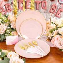 150PCS Clear Silver Plastic Plates & Disposable Silver Plastic Silverware With Glitter Bamboo Handle Cutlery-Baroque Clear Disposable Plates For Wedding & Easter Day & Mother's Day-TrugenixYSN1B - 粉色 - 查看 5