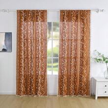 84 Inch Length Boho Farmhouse Curtains Living Room 2 Panels, Linen Semi Sheer Vintage Printed Floral Orange Rustic Curtain Drapes, Terracotta - Black - View 6