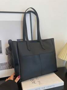 时尚大容量多口袋单肩手提包，休闲女士大号包，尺寸33*9*27厘米，可装笔记本电脑，简约时尚，休闲度假之选 - 黑色 - 查看 10