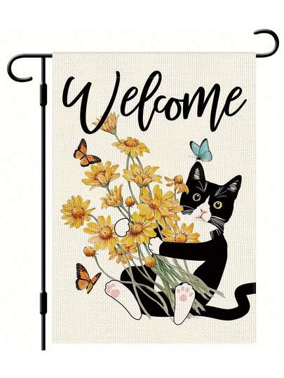 1 Stück Ostern süße Katze mit Blumen Garten Flagge, "WILLKOMMEN" gelbe Blume & Schmetterling Dekorations Flagge, Outdoor Yard Feiertags Dekoration Flagge (Fahnenmast nicht enthalten)