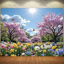 Spring Floral Meadow Background - Green Plants And Colorful Flowers, 100% Polyester, Suitable For Spring Festival Parties, Yard Decor, Outdoor Activities - No Electricity Needed, Spring Decoration - Multicolor - View 3