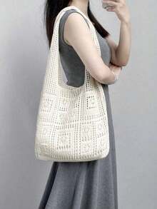 Minimalist Crochet Hollow Design Bag, Travel/Study Bag, Large Capacity, Portable, Suitable Teenage Girls, Women, College Students, Office Ladies, Work, Back To School, Middle School, High School,, Vacation And Various Occasions , Crochet R3U8 - Beige - 查看 10
