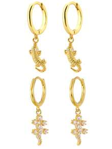 1 Pair Unique Design Golden Gecko & Crocodile Earrings, Creative Versatile Men's Gift - Yellow Gold - View 1
