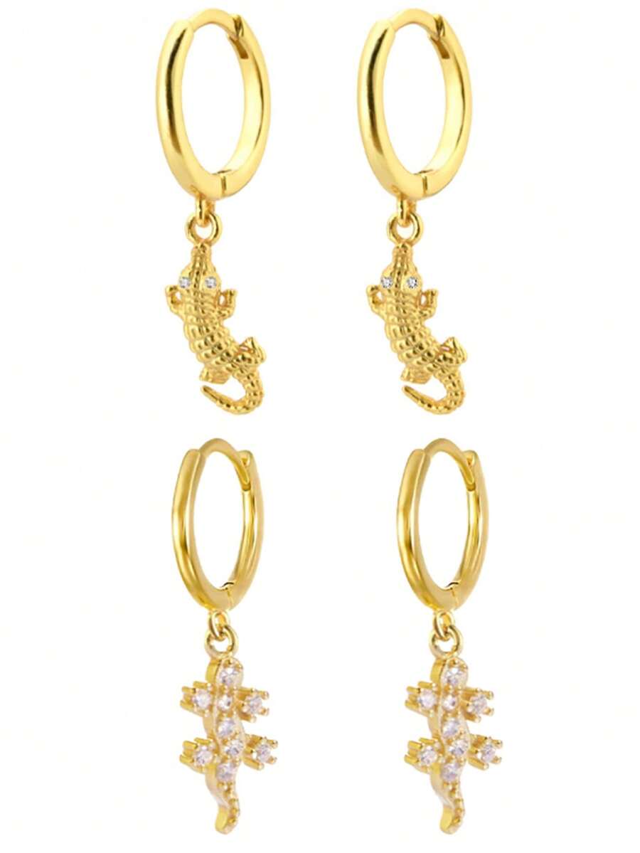 1 Pair Unique Design Golden Gecko & Crocodile Earrings, Creative Versatile Men's Gift - Yellow Gold - View 1