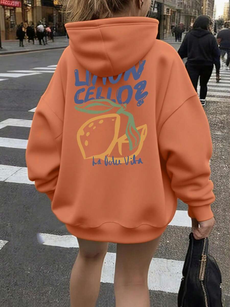 Women's Casual Graphic Print Loose Fit Thermal Lined Sweatshirt, Long Sleeve, Winter - Orange - View 1