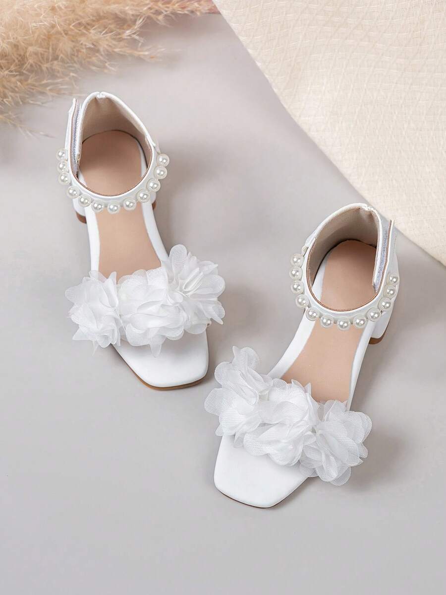 1 Pasang Sandal Putri Anak Perempuan Berhiaskan Berlian Imitasi dan Bunga, Hak Tebal, Ujung Terbuka, dengan Perekat Velcro, Cocok untuk Pertunjukan, Pemakaian Sehari-hari, dan Musim Panas - Baby Blue - View 1