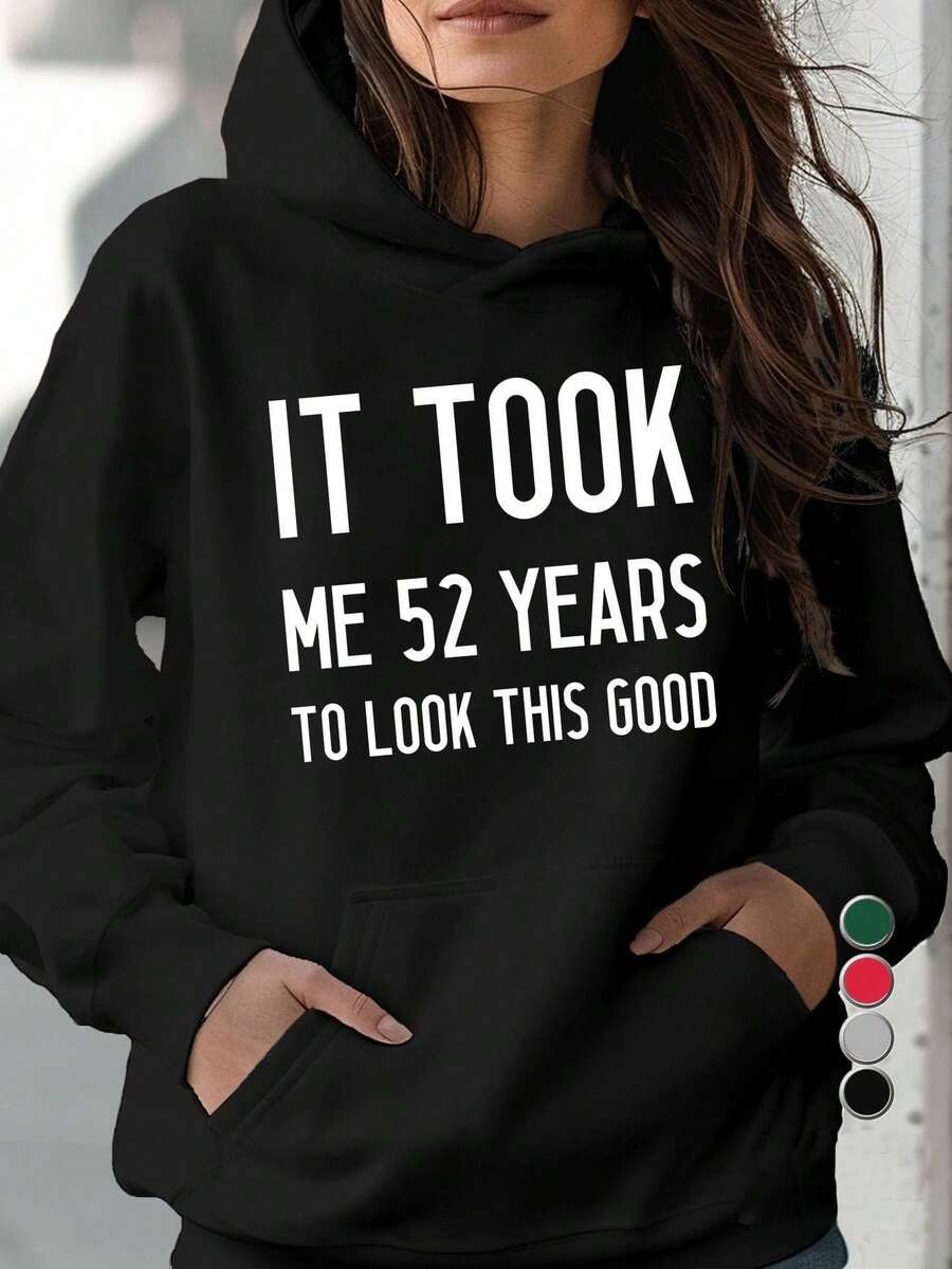 Women'S Casual Hoodie With Geometric Pattern, 100% Polyester Knit Fabric, Fall/Winter Season, 250g/M², With Pockets, Hooded Collar Style - "It Took Me 52 Years To Look This Good" Print - màu đen - Xem 1