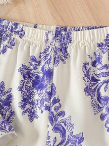 2pcs/Set Girls Sleeveless Ruffle Hem Top And Floral Print Pants, Summer Outfit - Blue - View 8