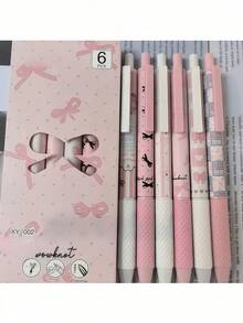 6pcs/Set Pink Bow Tie Gel Pens, 0.5mm Fine Tip, Smooth Writing, Suitable For Office, Classroom, Teens, Adults, Home, Office, Education, Classroom, Writing, Special Purpose Writing Pens, Applicable For Exams, Gel Pens, Ballpoint Pen Sets, Holiday Stationery Gifts, Classroom Supplies, Children's Valentine's Day Gifts, Black Ink Ballpoint Pens, Fountain Pens, Stationery, Bow Tie, Back To School - Pink - View 3