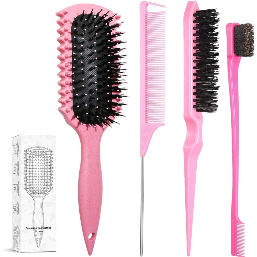 Curl Defining Brush, Curly Hair Brush Products With 3 Pcs Slick Back Hair Brush Set Bristle Brush Edge Control Teasing Comb For Women (Pink) - Be - Xem 1