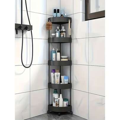 3/4/5层三角形塑料滚动储物架兼落地式淋浴架，节省空间，适合作为节日礼物，放置于角落、厨房、客厅、浴室、阳台和玄关处。可拆卸移动，有效收纳整理洗发水、洗面奶、面膜、毛巾、沐浴露、美容产品和日常用品。