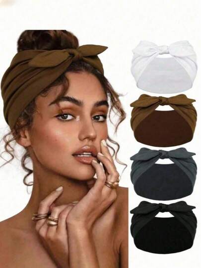 4pcs Women's Headband Set, Bunny Ear Wide Headband, Cute Solid Color Hair Accessories, Elastic Bow Hairband, Autumn/Winter Holiday Headband, Women Scarf Women Hair Band