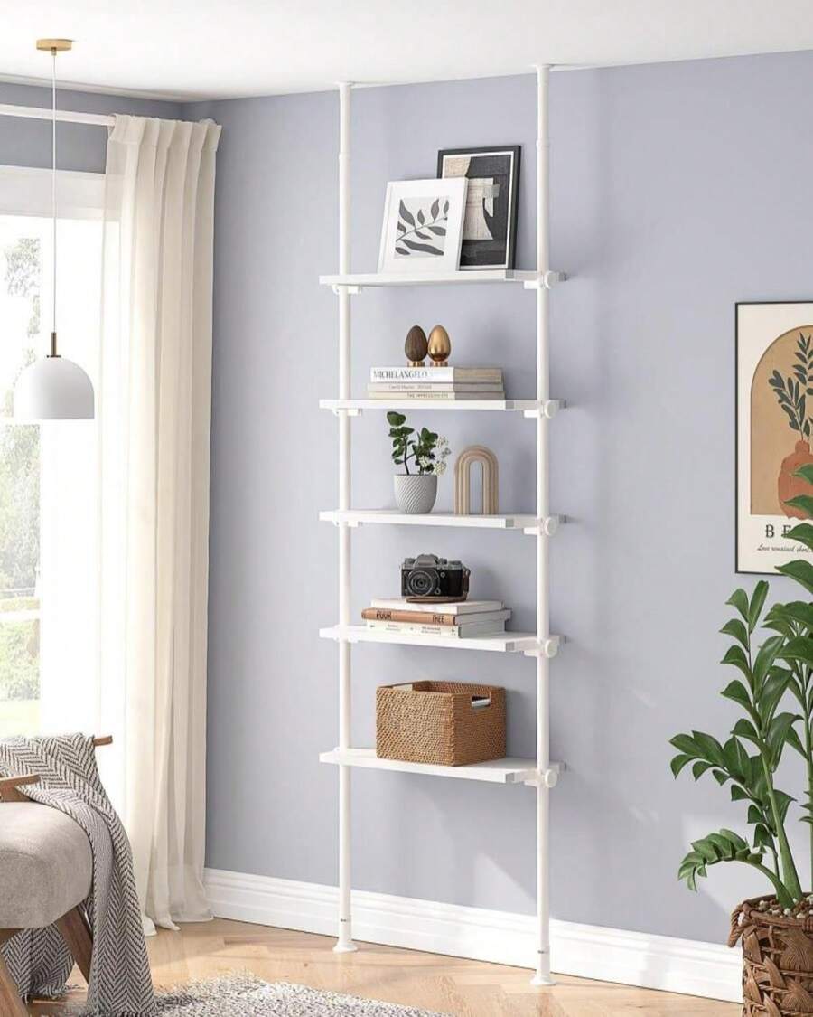 ALLZONE Adjustable Tall Narrow Bookshelf For Bedroom, 4-Tier Ladder Bookcase For Small Spaces, Tension Mount Tall Skinny Book Shelf With Open Storage, 64 To 113Inch Height - ColorC - View 1
