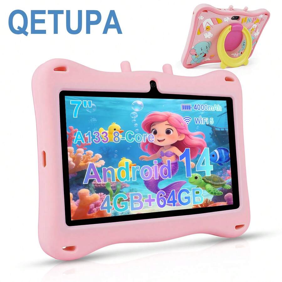 Qetupa 7 吋 Android 14 兒童平板電腦，大象圖案，早教平板，配備防震保護殼，A133 八核 2.0GHz 處理器，4GB RAM + 64GB ROM，1024*600 IPS 觸控螢幕，0.5MP + 2.0MP 雙鏡頭，4000mAh 電池，藍牙