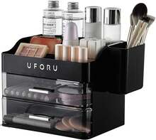 Organizer For Vanity With Brush Holder, Countertop Skincare Organizer With 2 Drawers, Spacious Cosmetic Display Case For Perfumes, Cologne, Shaving Lotion,38050877 - 黑色 - 查看 1