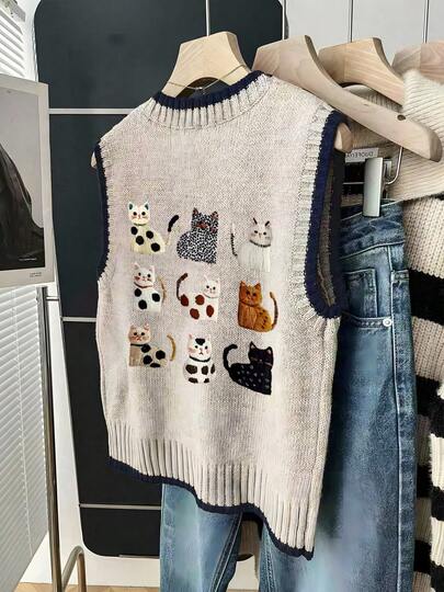 Áo len nữ nhẹ, in họa tiết sáng tạo - Họa tiết mèo dễ thương, áo vest cổ tròn kiểu dáng thường ngày, phù hợp cho mọi mùa, thiết kế nhiều lớp, phối màu tươi sáng.
