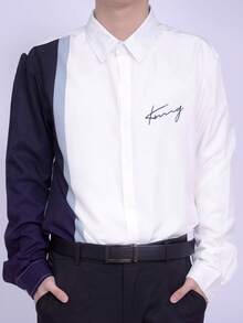 Men's Letter Print Contrast Color Long Sleeve Single-Breasted Casual Commuter Shirt - Black and White - View 2