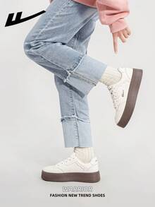 1 Pair WARRIOR Women's Thick Sole Lace-Up Soft Bottom Casual Shoes, Low-Top Outdoor Flat Shoes, Round Toe Low Heel Non-Slip Solid Color Elegant Soft Bottom Hiking Shoes, Suitable For Students, Graduation Photos, Flat Shoes, Low-Top Leather Sports Skateboard Shoes - White/Khaki - View 6