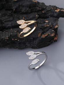 1pc Elegant Cubic Zirconia Leaf Shaped Adjustable Open Ring, Versatile Women's Accessory, Suitable For Engagement, Wedding, New Year/Valentine's Day/Wedding Gift/Music Festival - Leaf Ring - View 4