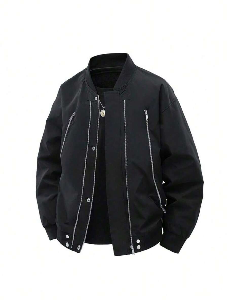 2025 Otoño Invierno Nueva Chaqueta de Béisbol Retro Casual de Ajuste Suelto con Múltiples Cremalleras para Hombres, Abrigo Vintage Elegante y Versátil - Negro - Ver 1