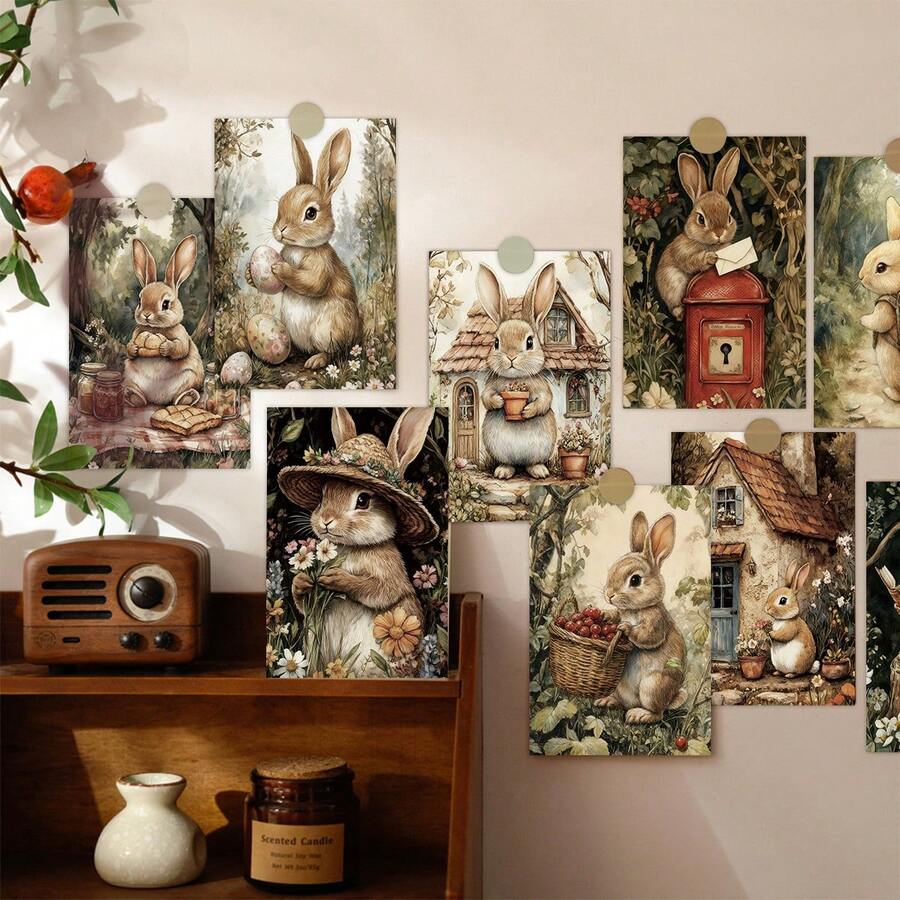 20张可爱兔子复活节明信片套装 - 复古卡通兔子春季墙贴装饰套装，适用于家居和卧室装饰，复活节假日小海报，非常适合收藏和送礼