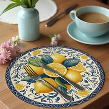 2/4/6pcs Blue Lemon Pattern Linen Placemats, Everyday Round Woven Kitchen Dining Table Mats Suitable For Restaurant Decor, Party, Kitchen - Multicolor - View 6