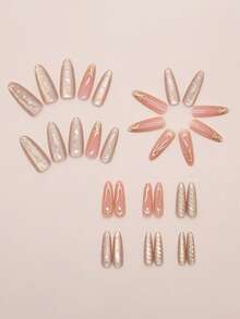 30片中长款杏仁形3D猫眼金属日落梦幻法式ins风可拆卸美甲贴纸，适合女性日常、工作、约会佩戴，包含1片果冻胶+1个指甲锉，美甲用品 - 彩色 - 查看 3