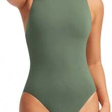 OpenHI Bsubseach Traje de Bao de Una Pieza Cuello Alto para Mujer Baador con Espalda Cruzada y Control de Barriga para Playa Surf Nadar - verde+m - Ver 3