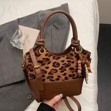 [Nueva]Bolso bandolera de mujer estilo canasta de piel sintética con estampado de leopardo para el invierno  bolso de cubo de mano versátil y elegante - Leopardo marrón - Ver 2