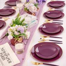 150PCS Clear Silver Plastic Plates & Disposable Silver Plastic Silverware With Glitter Bamboo Handle Cutlery-Baroque Clear Disposable Plates For Wedding & Easter Day & Mother's Day-TrugenixYSN1B - 紫色 - 查看 9