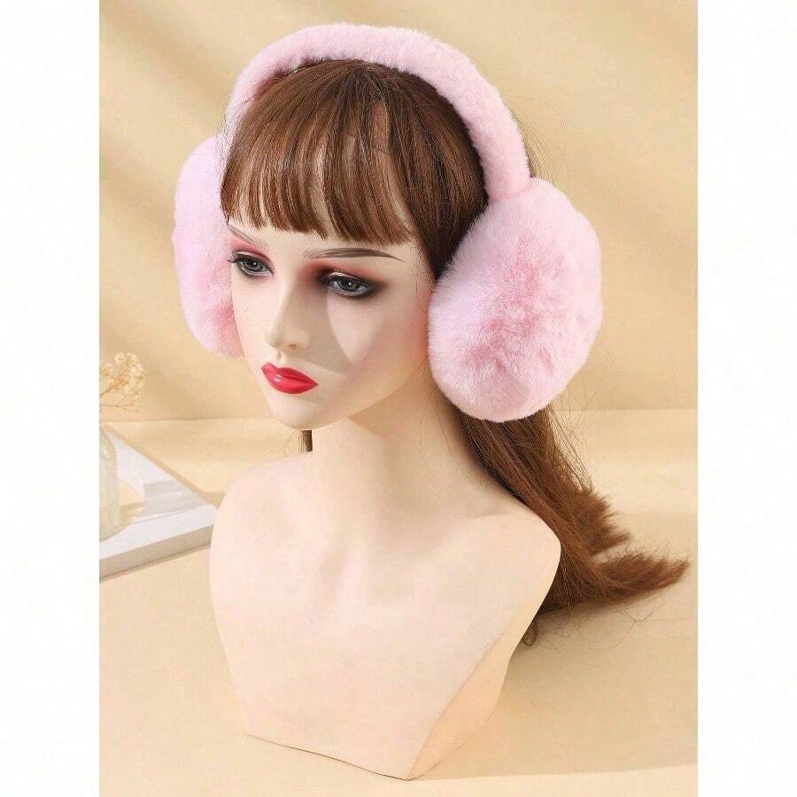 1pc Cute Plush Winter Ear Warmers, Foldable Cold Protection Earmuffs For Women, Suitable For Cycling And Outdoor - Hồng - Xem 1