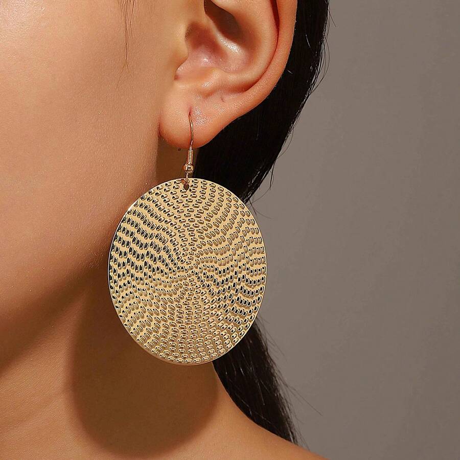 1 Pair Of Vintage Style Round Disc Earrings Perfect For Wearing At Banquets, Graduation Balls, Parties, And Other Special Occasions, It's A Perfect Accessory To Enhance Your Overall Look, Both Bold And Fashionable. - 金色 - 查看 1