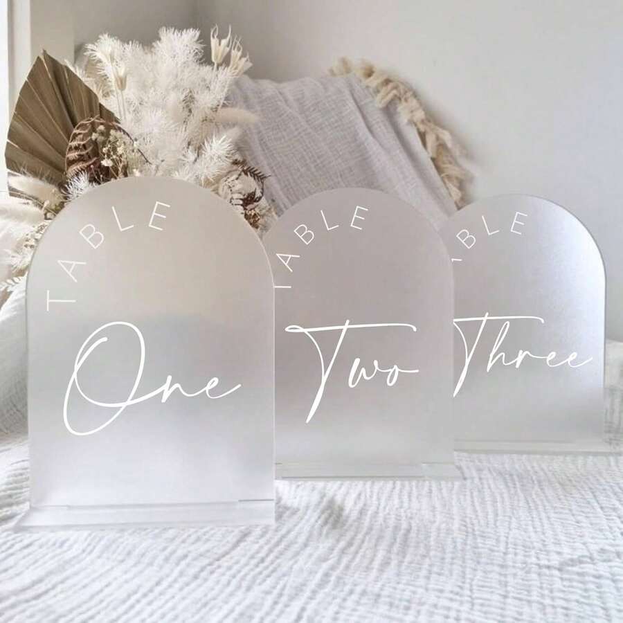 Gold Mirror Arched Wedding Table Numbers With Stands 1-10, 5x7 Inch Acrylic Arch Sign With Holder, Table Number 1-10, 5"X7") (DM9102) - Frosted White Font - View 1