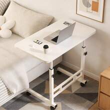 1 PC Adjustable-Height Standing Desk, Height-Adjustable Computer Desk, Wheeled Mobile Computer Desk, Bedside Dining Table, Sturdy Iron Frame, Spacious Home Office Table, Suitable For Use On Sofa And Beside Bedroom Bed - White Wood