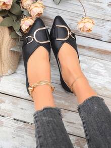 Giày búp bê mũi nhọn nữ, kiểu dáng slip-on, cỡ lớn, trang trí khóa cài, thích hợp cho mùa xuân và mùa thu. - màu đen - Xem 4